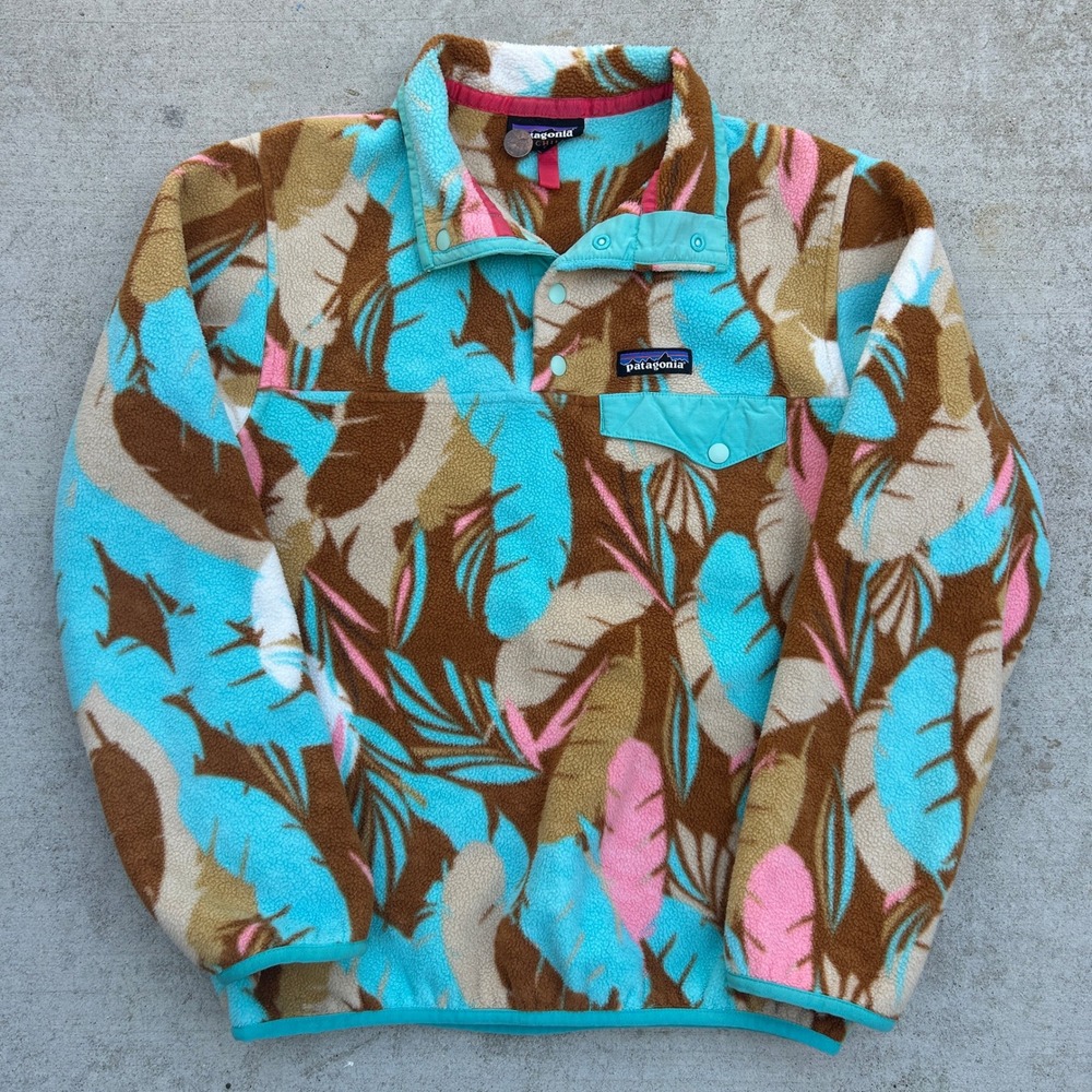 Patagonia Synchilla Fleece Pullover XS Blue Brown Pink Tropical Leaf Print Rare
